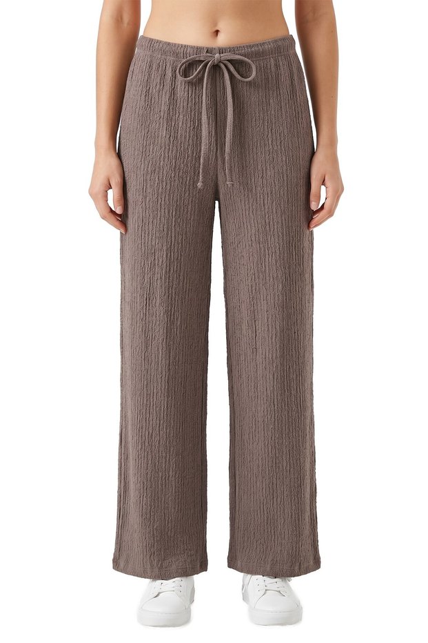 Premium - Tide Collection | Mink Lace-Up Wrinkled Textured Wide-Leg Women's Trousers