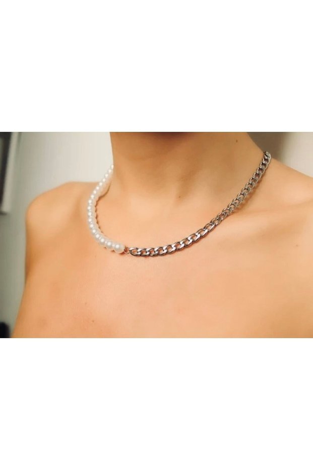 Women's Steel Chain Pearl Necklace - Color: White - Gray