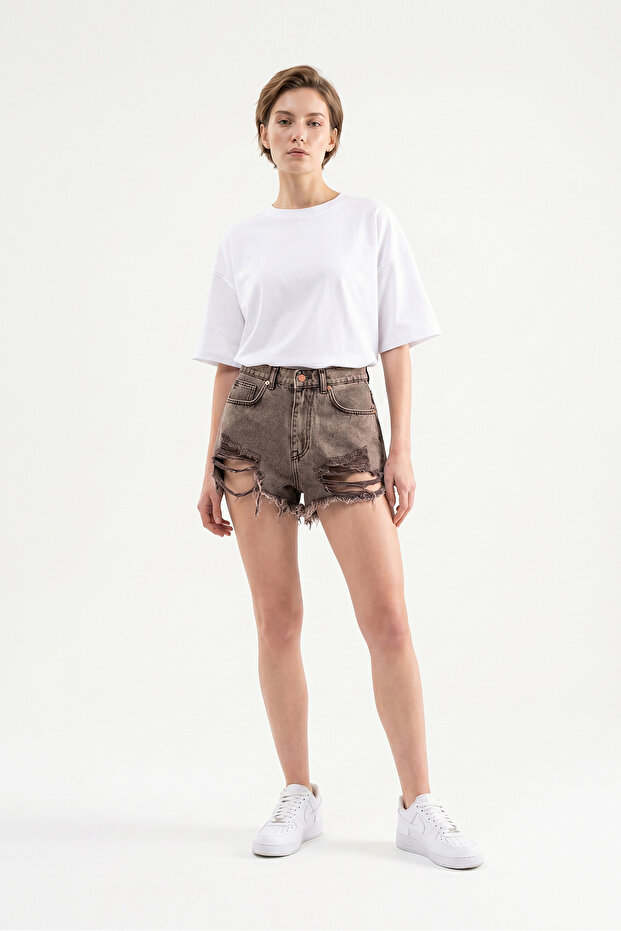 Women's Distressed Jean Shorts Brown