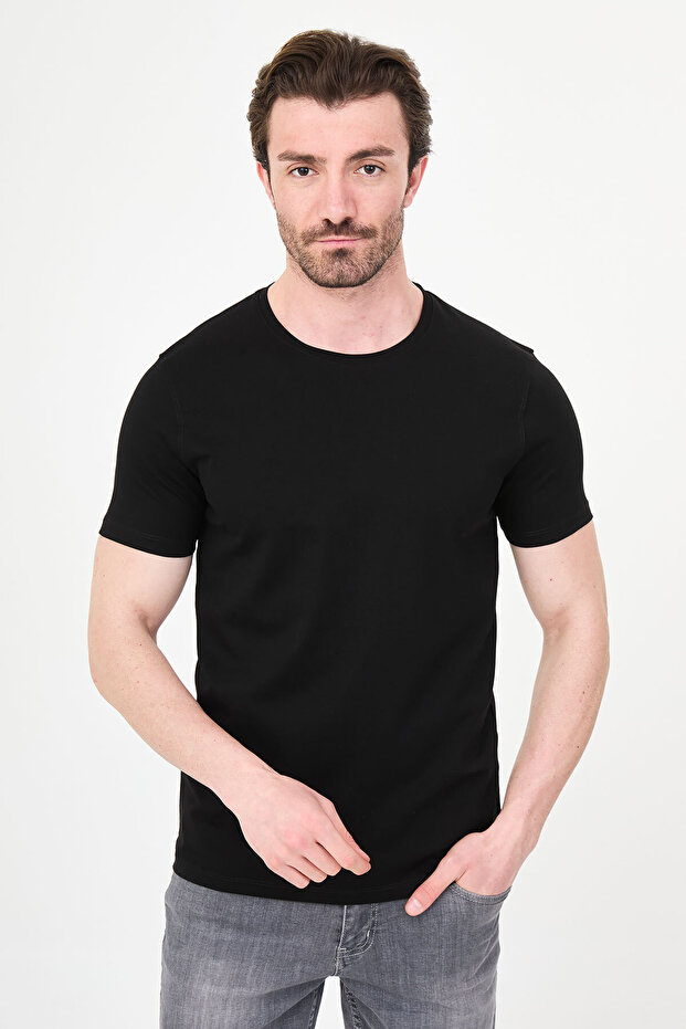 Plain Slim Fit Crew Neck 100% Cotton Short Sleeve Men's T-Shirt Black - 36884.26Y