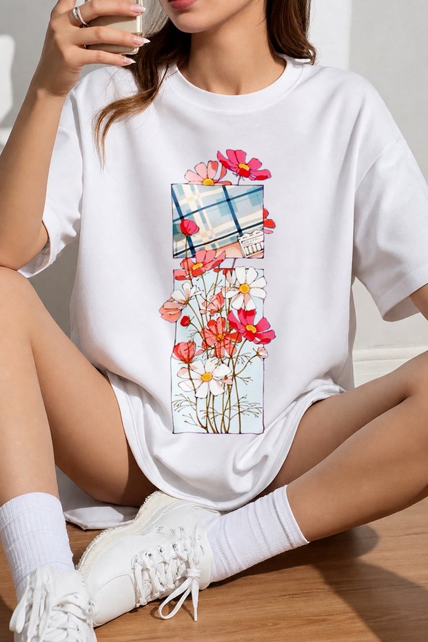 Women's Colorful Wild Flowers and Daisy Printed Oversize Crew Neck Cotton Casual Combed Cotton T-Shirt