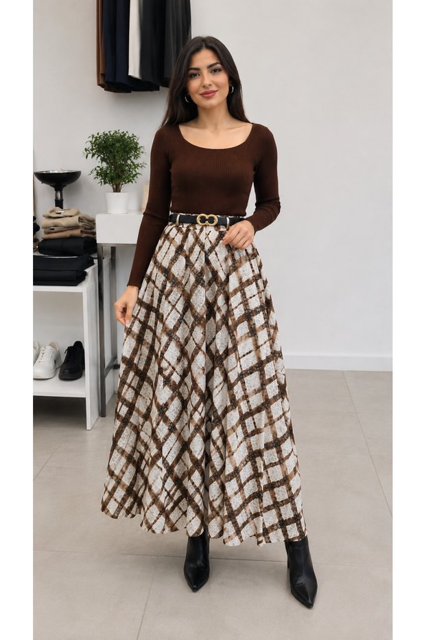 Women's Lace Plaid Patterned Long Skirt with Elastic Waist Belt Detail, Brown Ecru