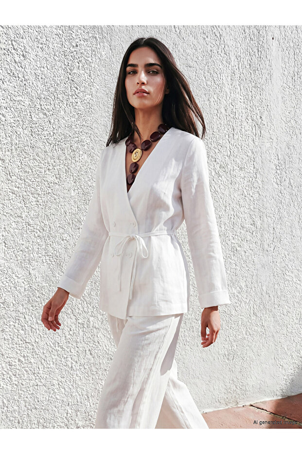Gencc Quality Double-Breasted Collar Belted Women's 100% Linen Jacket