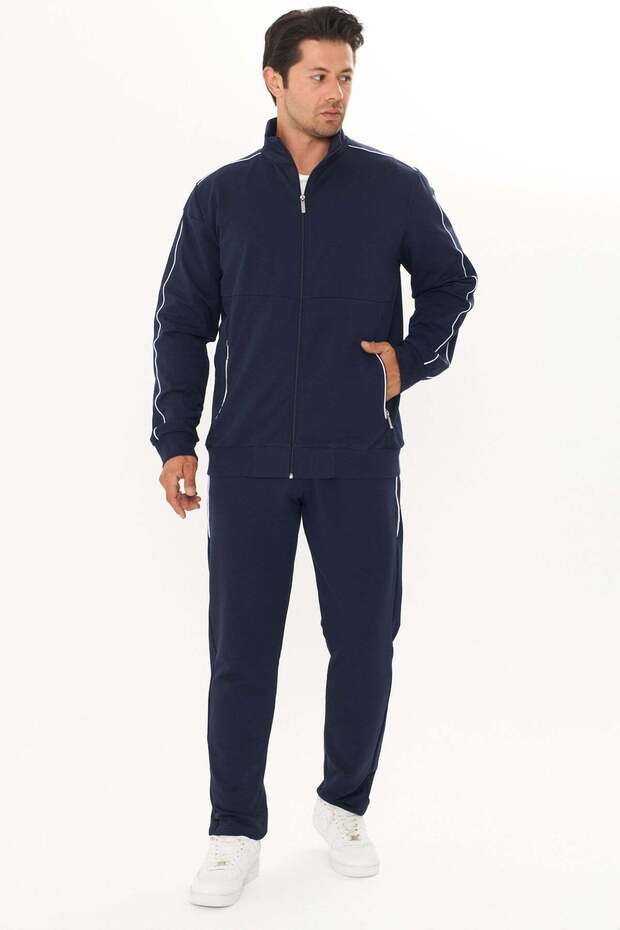 Men's Cotton Stripe Detailed Stand Collar Tracksuit Set Navy Blue-9524