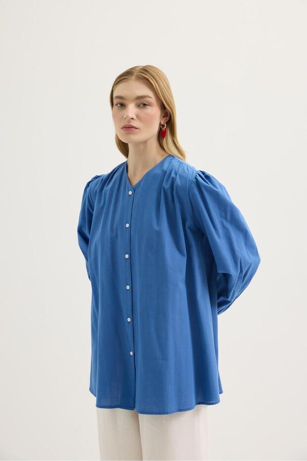 Drawstring Detailed Linen Shirt Indigo