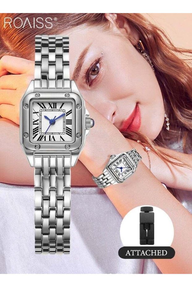 Womens Quartz Watch with Alloy Strap Small Square Roman Numerals Dial Waterproof Fashion Analog Wristwatch Gift for Ladies Silver