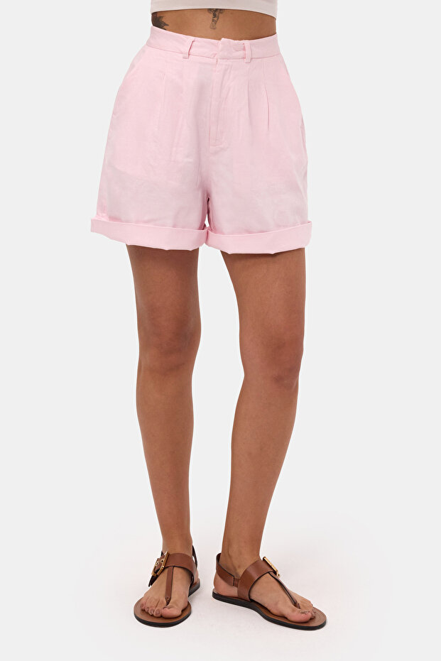 Women's Pink 6S6-98 Mom Relax Fit Organic Linen Fabric Shorts