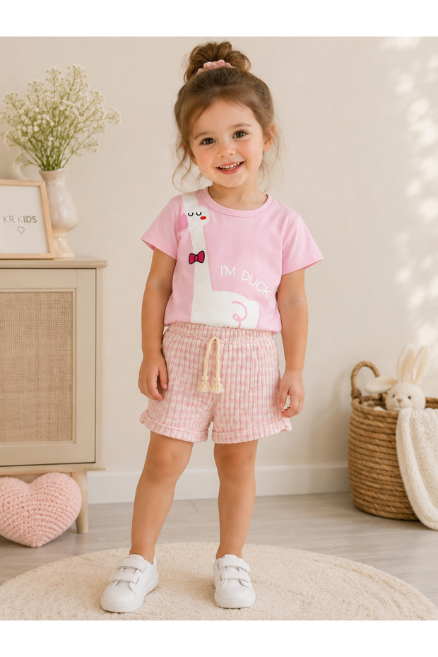 Girl's Duck Print Shorts Set Pink T-Shirt Pink Shorts Summer 2-Piece Set 1-4 Years