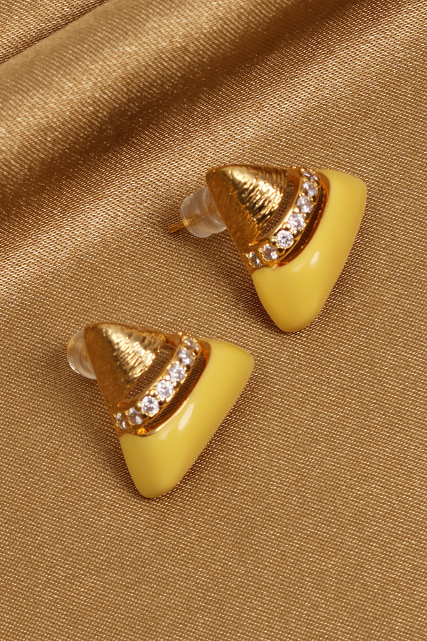 Yellow Enamel Gold Color Triangle Earrings with Stones in the Center
