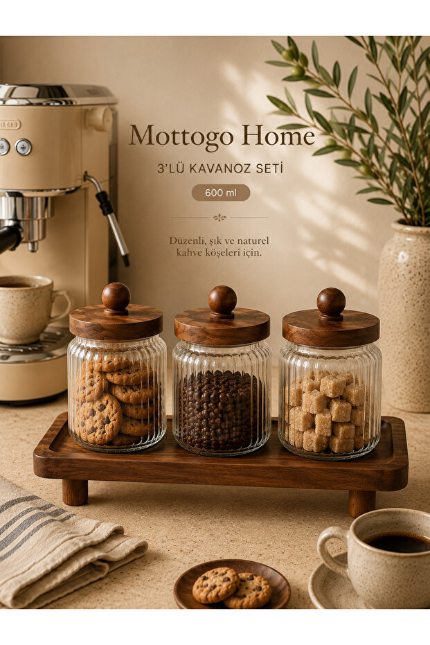 Acacia Lid Glass Jar Set of 3 with Wooden Stand Coffee Corner Organizer 600 ml