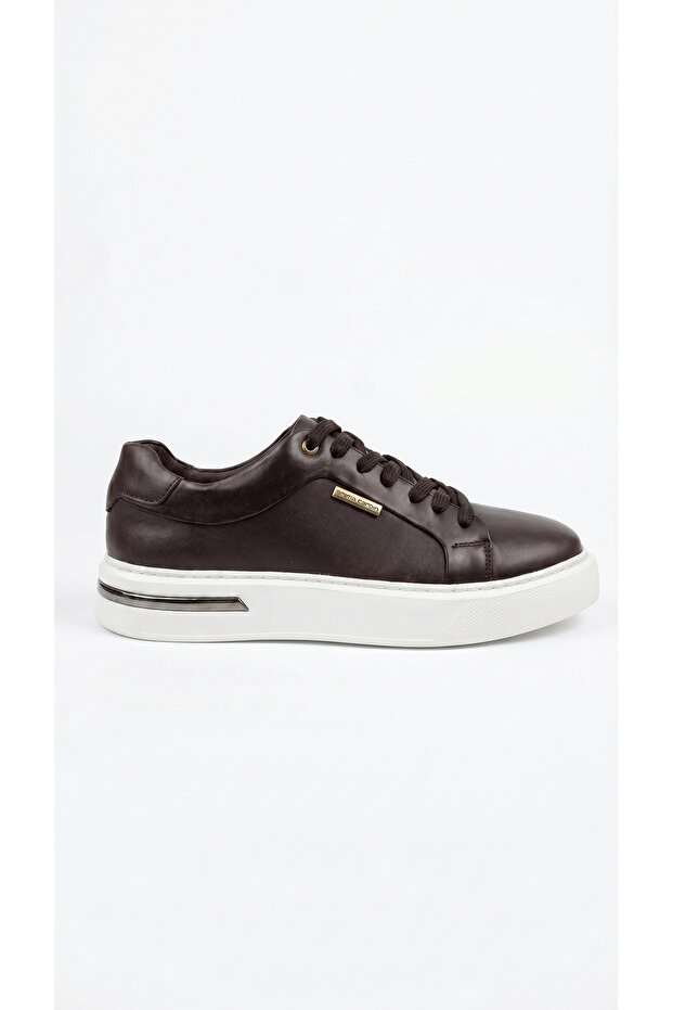 Men's Brown Genuine Leather Platform Sneaker Antique Gold Label Transparent Sole