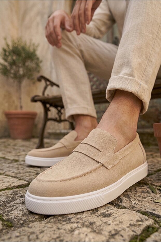 Ba0580 Laceless Belted High Sole Cream Suede Men's Shoes