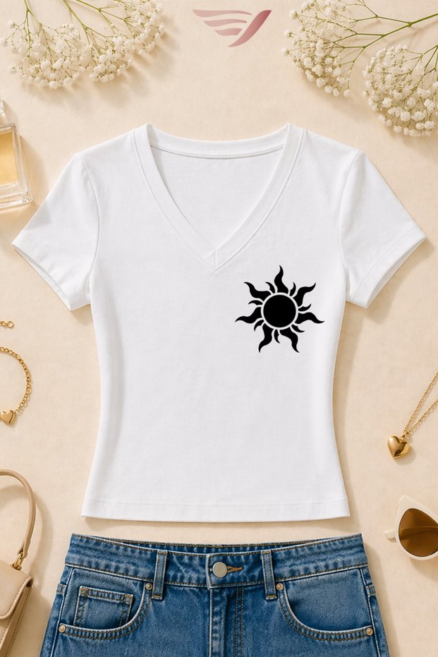 Women's Minimal Sun Printed Basic Daily Use V-Neck Slim Fit Lycra T-Shirt