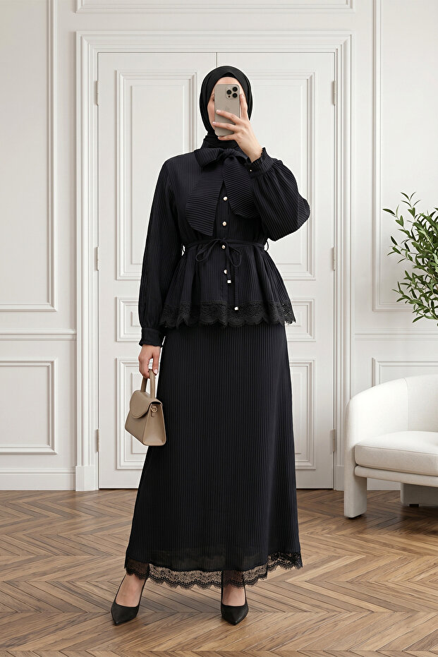 Lace-Up Detailed Skirt, Pleated Crepe Set - Black