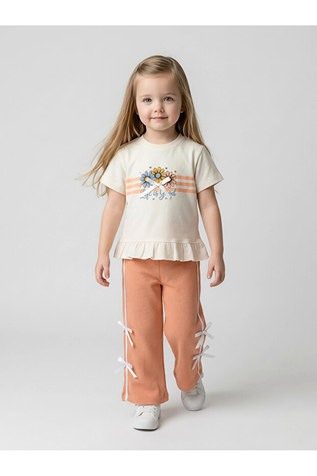 Daisy Printed Ruffle T-Shirt and Waffle Fabric Side Bow Pants Girls' Set 2-6 Years