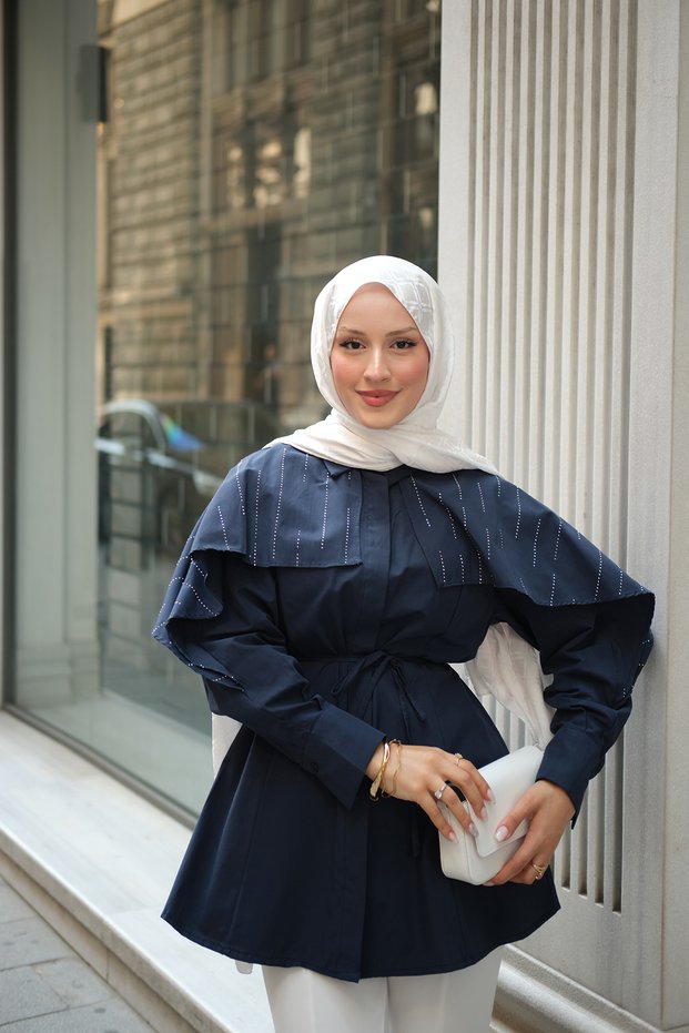 Women's Ruffled Stone Detailed Waist Tie Shirt Navy Blue