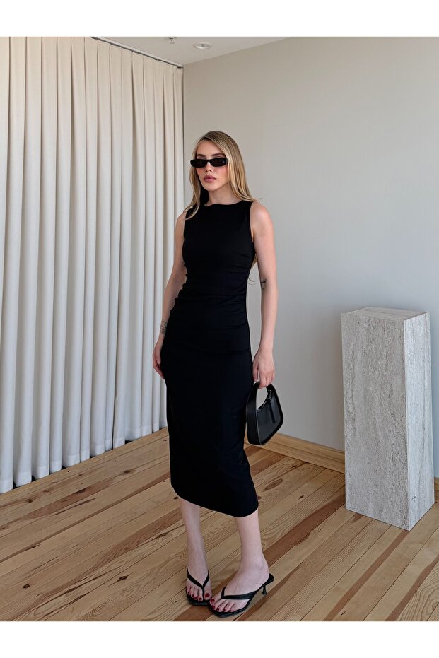 Black Draped Midi Dress - 0506