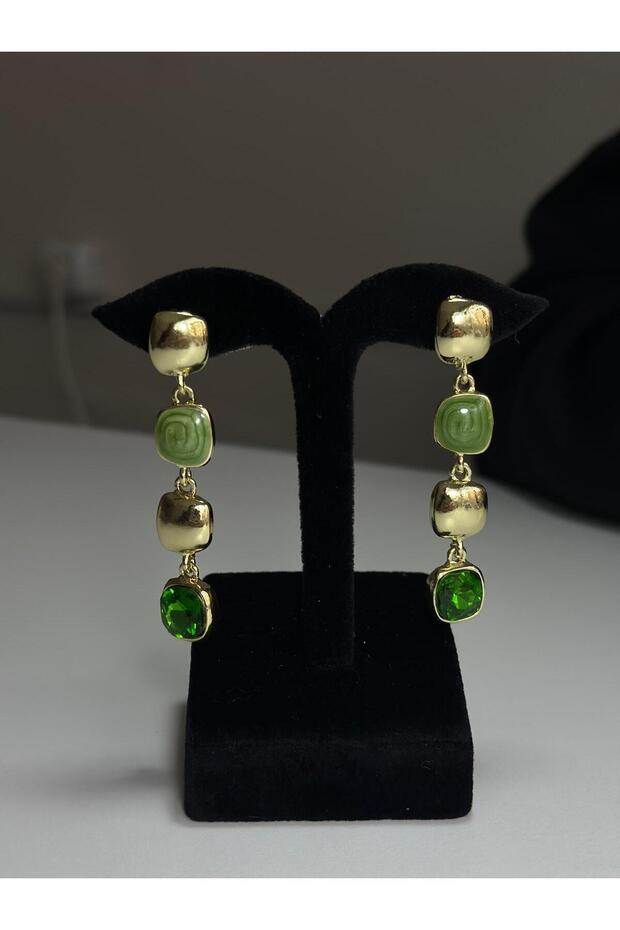 Geometrically Shaped, Green Tone Gradient and Gold Detailed Dangle Earrings for Women
