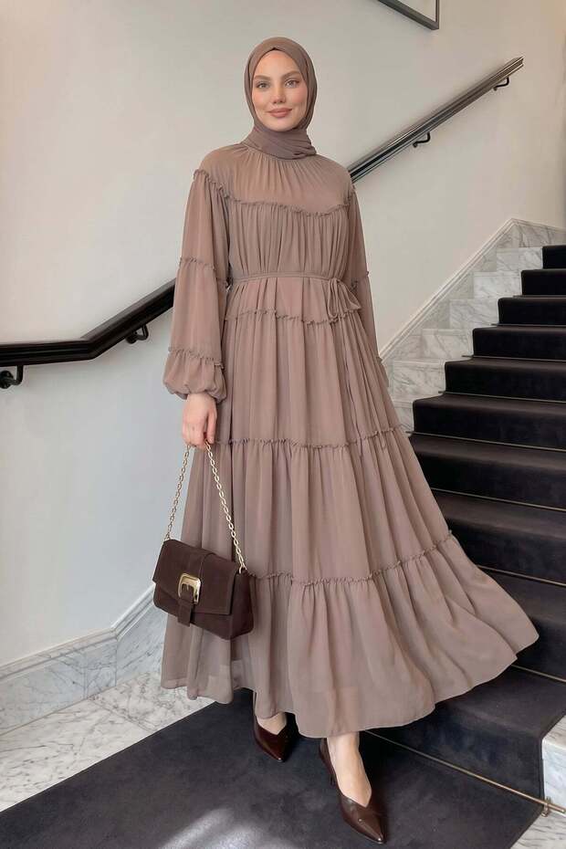 Chiffon Ruffle Dress 9886 - Mink