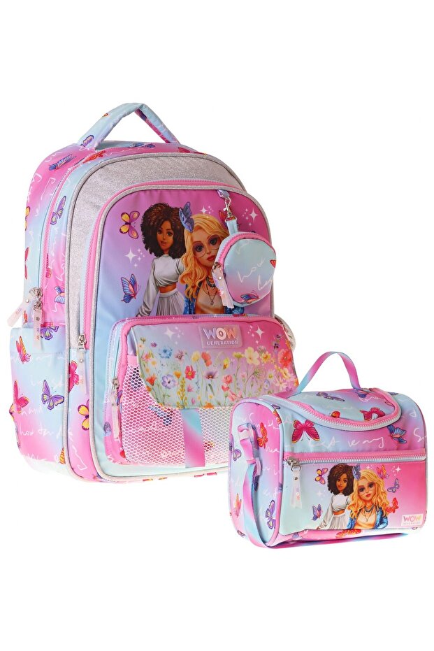 Butterfly Double School Bag Set - Turquoise - Pink Butterfly Printed Girls' Set Setwg-W6074B