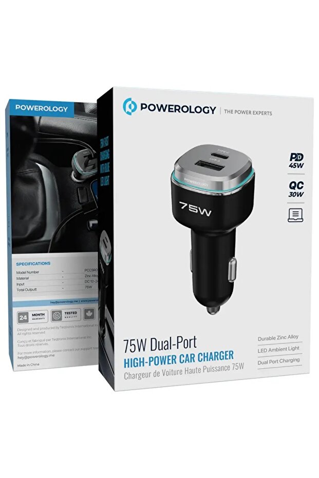 75W Dual-Port High-Power Car Charger with Lightning Cable Black/ Grey
