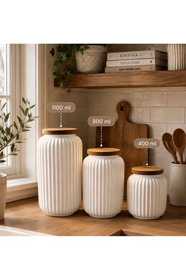 3-Piece Acacia Lid Porcelain Jar Set Tea Sugar Salt Coffee Jar Set 1100ml 800ml 400ml Set