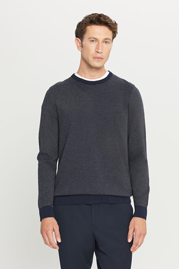 Men's Navy Blue-Grey 100% Cotton Standard Fit Crew Neck Jacquard Knit Sweater