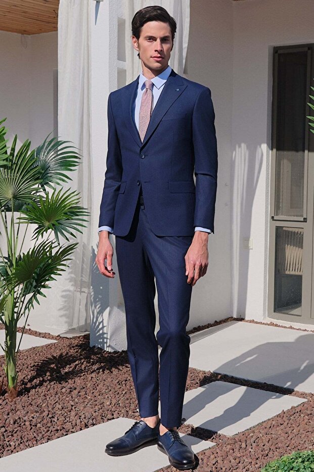 Navy Blue Swallow Collar 6 Drop Slim Fit Full Lining Flexible Suit 1001260169