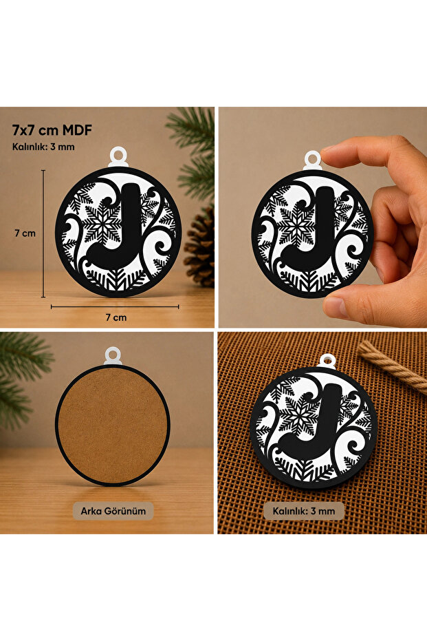 Letter J Christmas Ornament – Mdf Pine Tree Patterned Hanging Decoration (7X7 cm)