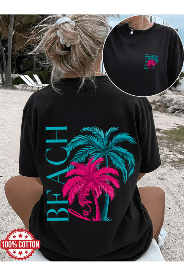 Women's premium oversized t-shirt with beach-themed blue and pink print