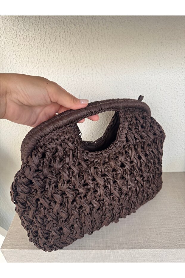 Square handle woven clutch bag - burnt coffee