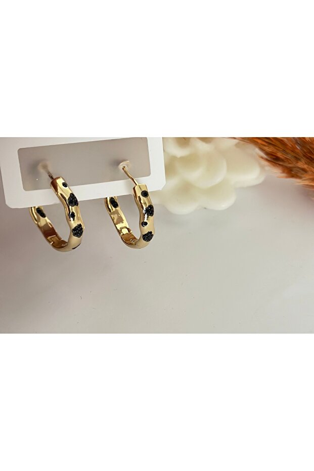 Gold Galka Earrings with Black Zirconia Stones