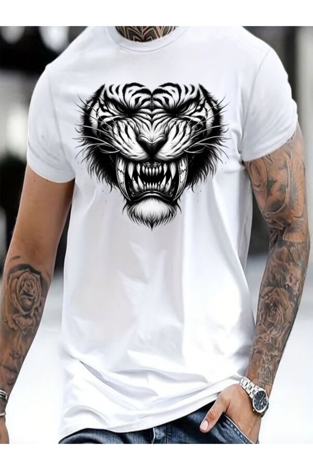 White Oversize T-Shirt with Black Tiger Print