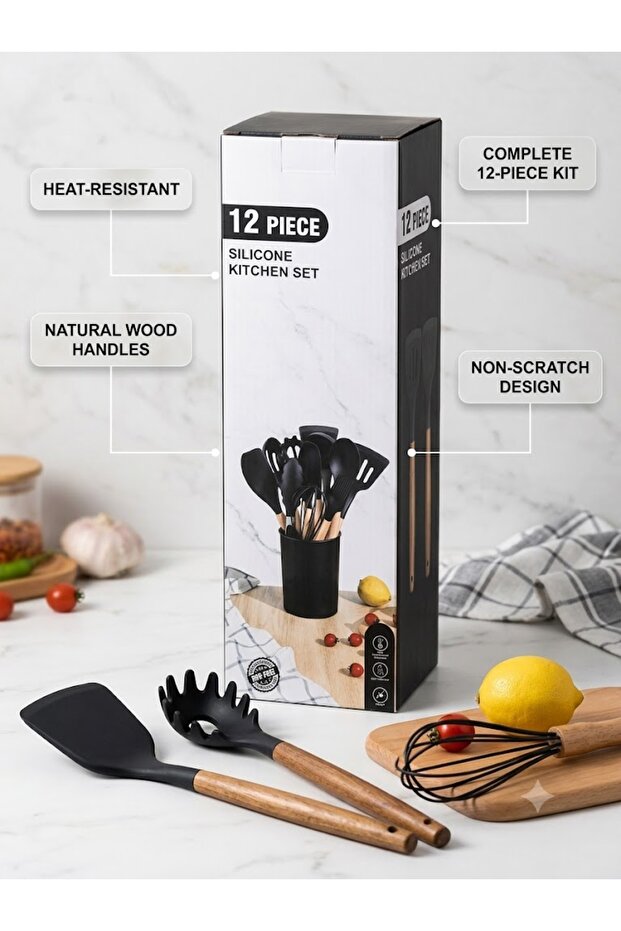 12-Piece Silicone Kitchen Utensils Set with Holder – Premium Wooden Handles, BPA-Free, Heat-Resistant Non-Stick Cooking Tools (Black)