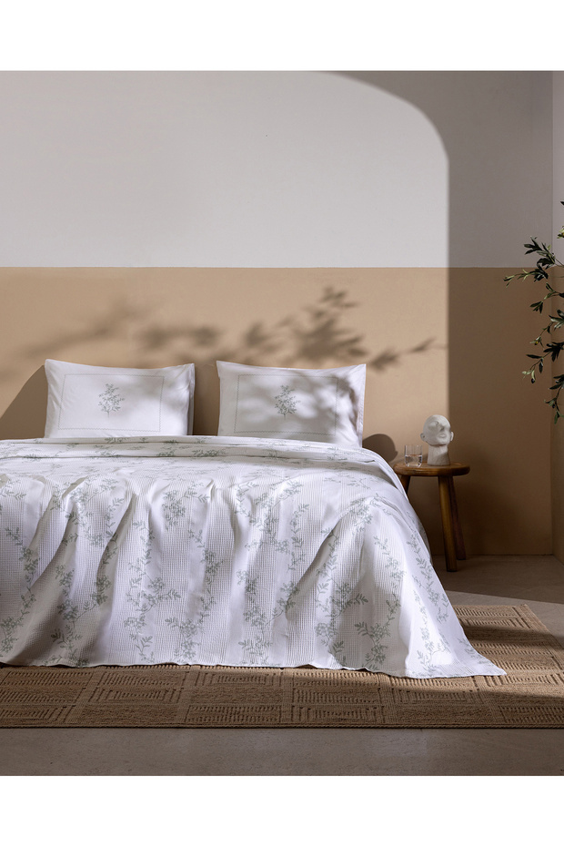 طقم ماريا دبل من القطن بنسبة 100% مطبوع بنقشة كاردي - أخضر نعناعي
