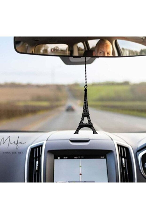 Rearview Mirror Hanging Pendant - Wood - Black (Eiffel Tower)