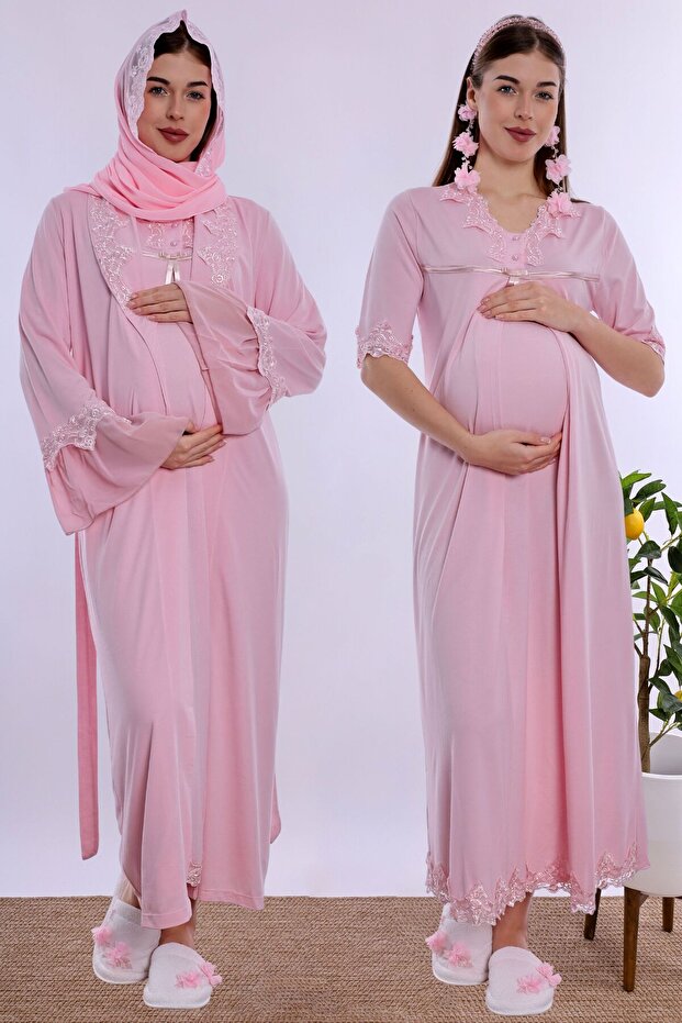 Maternity Nightgown Set with Hijab and Nursing Features Effortt - Pink