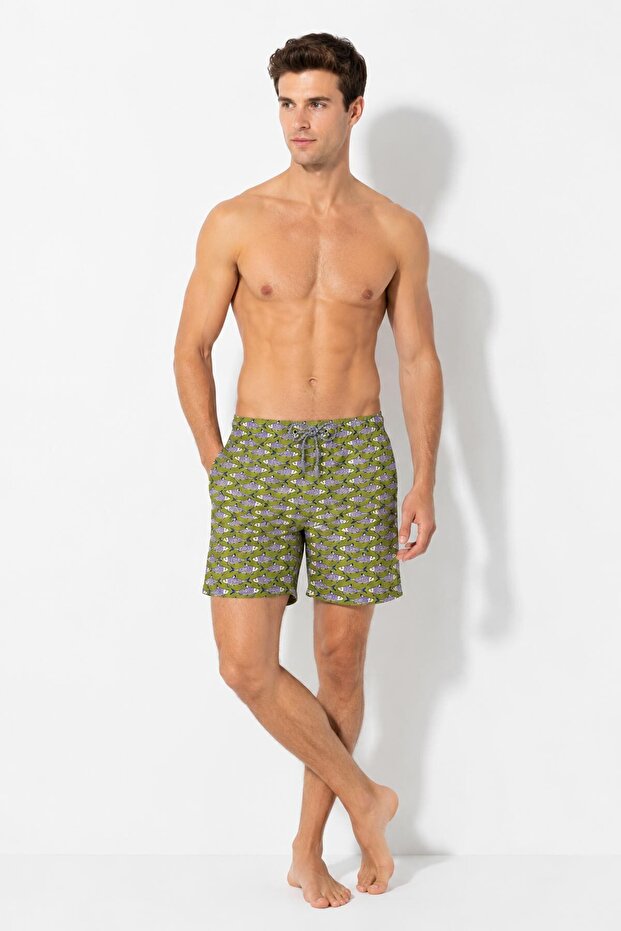1845 Men's Green Purple Fish Patterned Swim Shorts