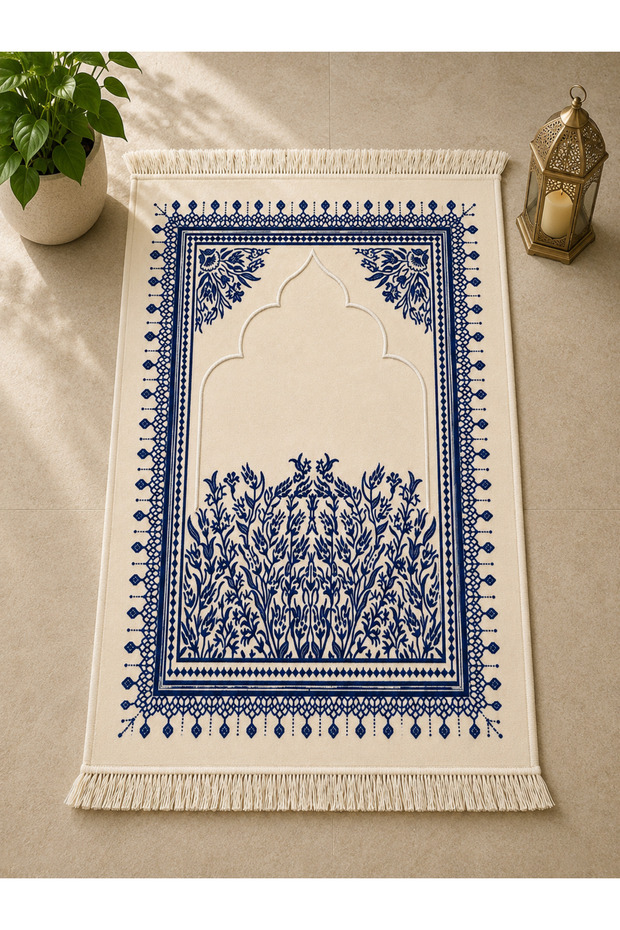 Luxurious Velvet Woven Prayer Rug with Soft Texture and Fringed Mihrab Pattern, Navy Blue