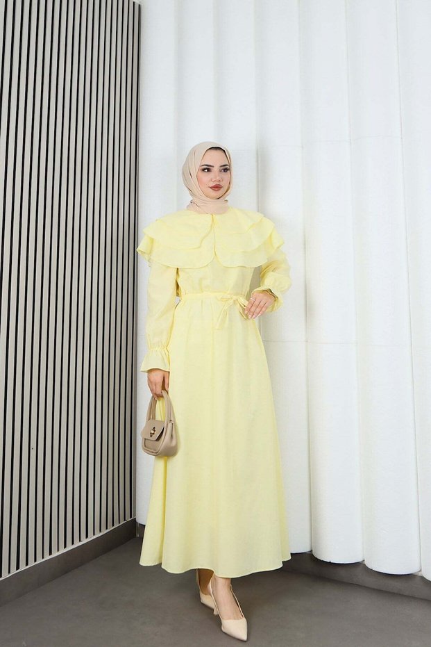 Belted Ruffle Detailed Hijab Terry Cotton Dress Yellow Hnt0314