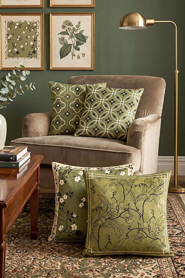 Green Branches Patterned 4-Piece Throw Pillow Cover Set