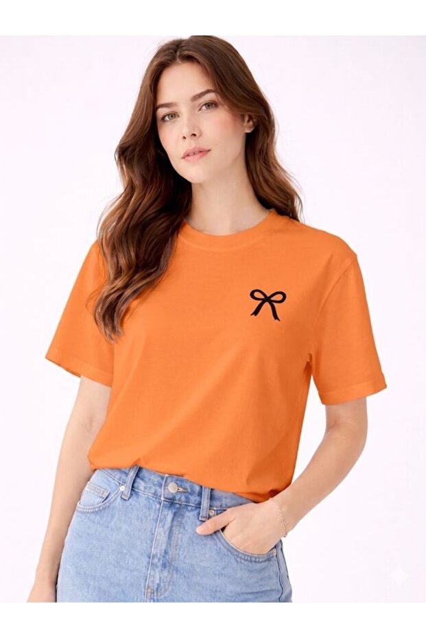 Women's Orange Oversize Ribbon Printed Cotton Stylish T-Shirt