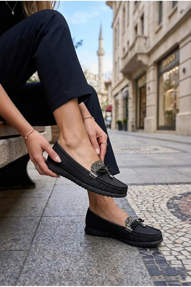 35300 Comfortable Flexible Bow Stone Detailed Women's Ballerinas