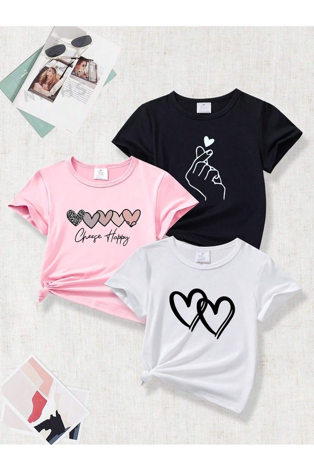 Printed Black - White - Pink 3-Piece Children's T-Shirt 100% Cotton Short Sleeve Knitted Crew Neck