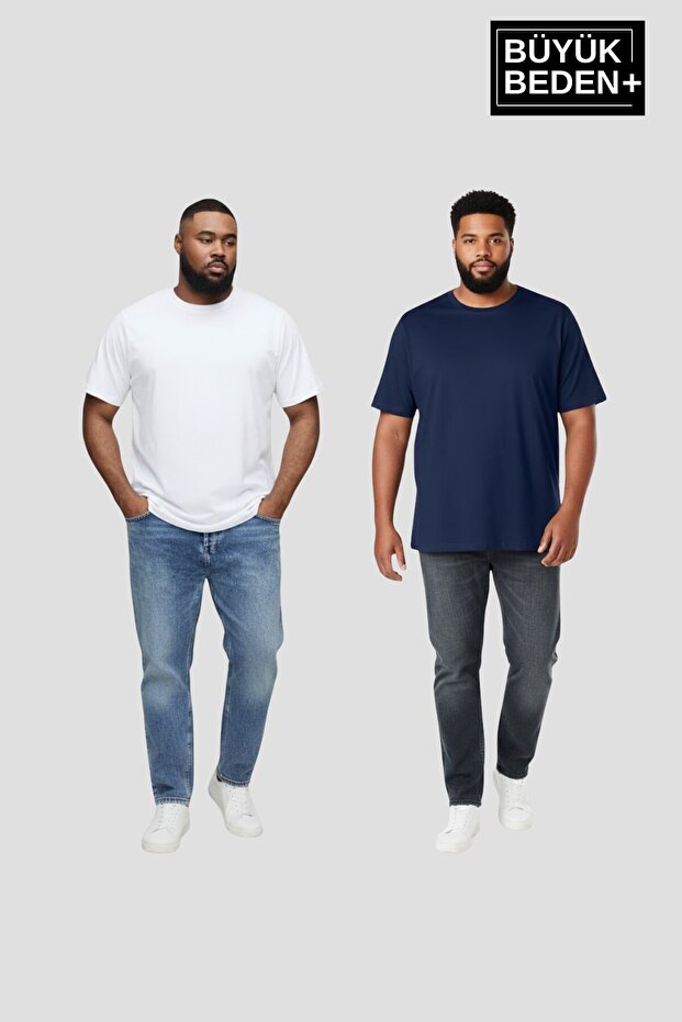 طقم تي شيرت رجالي أساسي برقبة دائرية مقاس كبير مكون من قطعتين 3XL-6XL SPR26BTS510+2