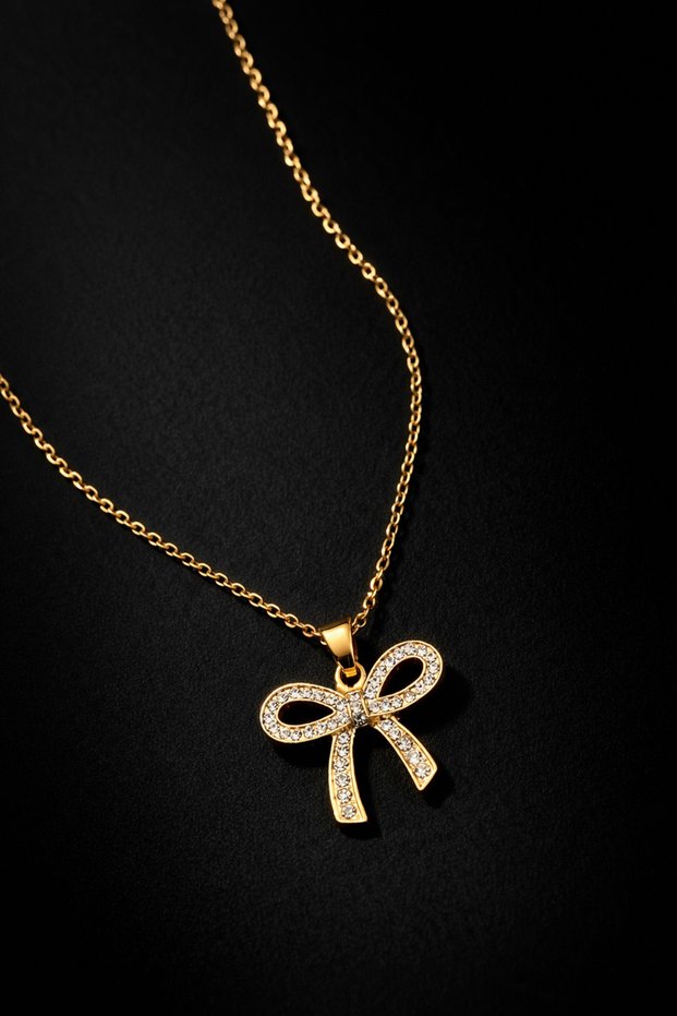 Women's Gold Color Zircon Stone Large Bow Figure Necklace