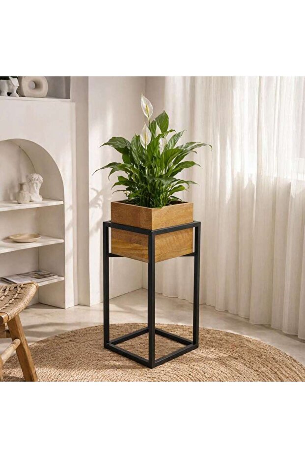 Koa Wooden Planter With Metal Stand 22x22x33cm -natural
