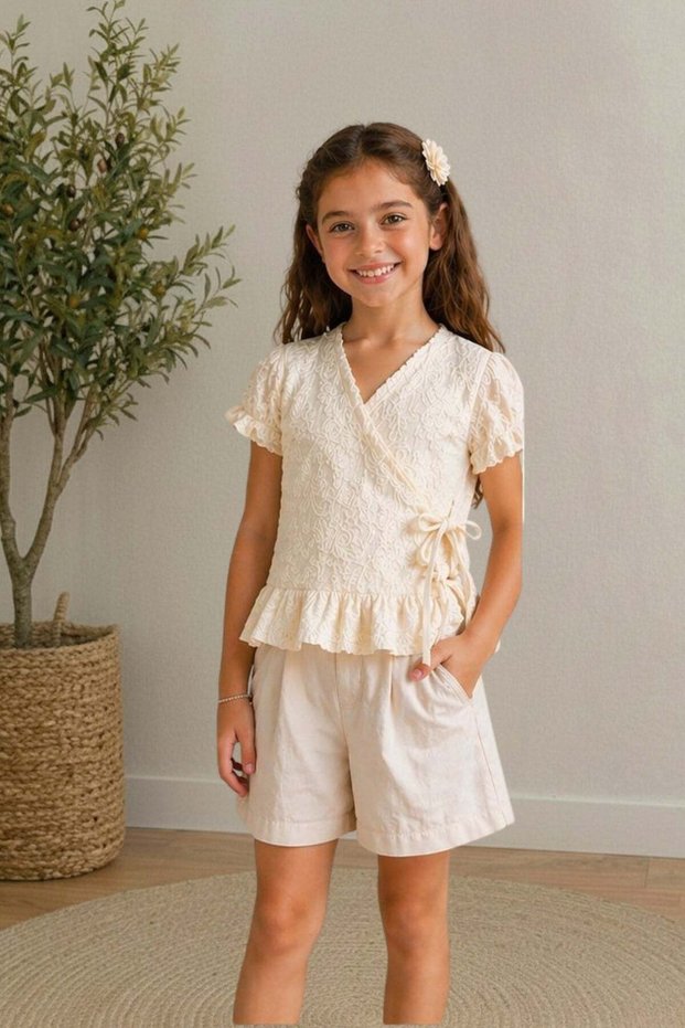 Girl's Floral Striped Blouse Shorts Summer Set Ecru-Cream 5-12 Years