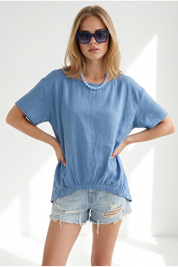 Women's Indigo Crew Neck Front Short Back Long Flam Cotton Blouse Blz-19003401