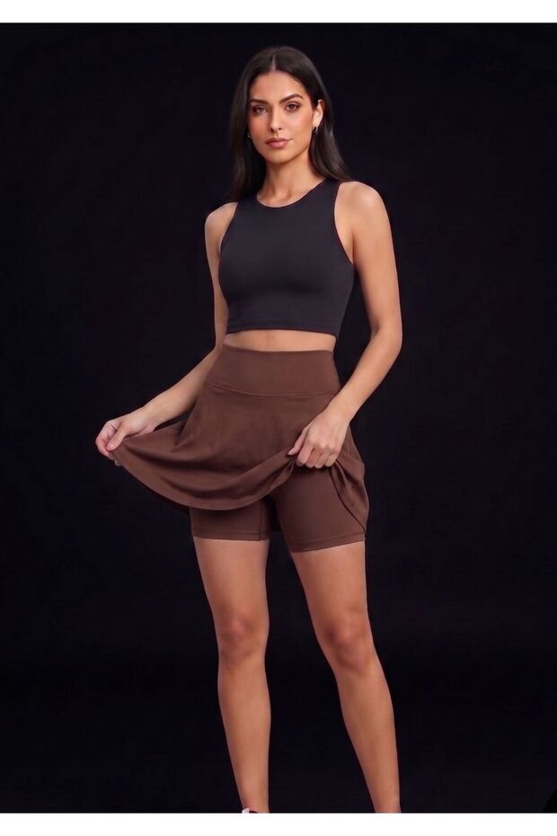 Brown High Waist Diving Fabric Skirt with Shorts for Tennis, Pool Sports and Daily Use